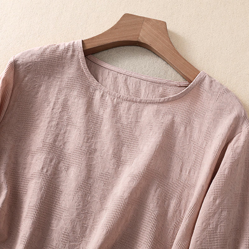 Koszula damska z długim rękawem z bawełny z nadrukiem "Buddha Stones" w nieregularnym dole i plisami - image 18