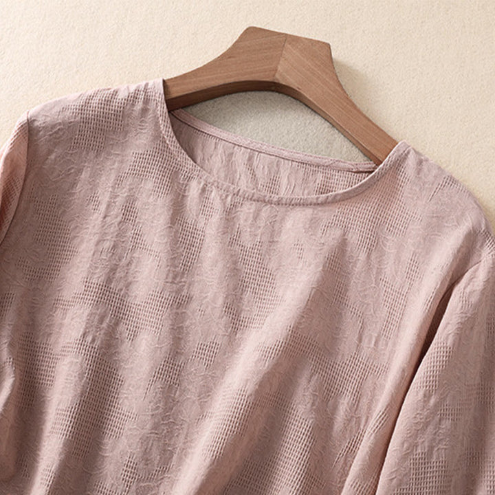 Koszula damska z długim rękawem z bawełny z nadrukiem "Buddha Stones" w nieregularnym dole i plisami - image 18