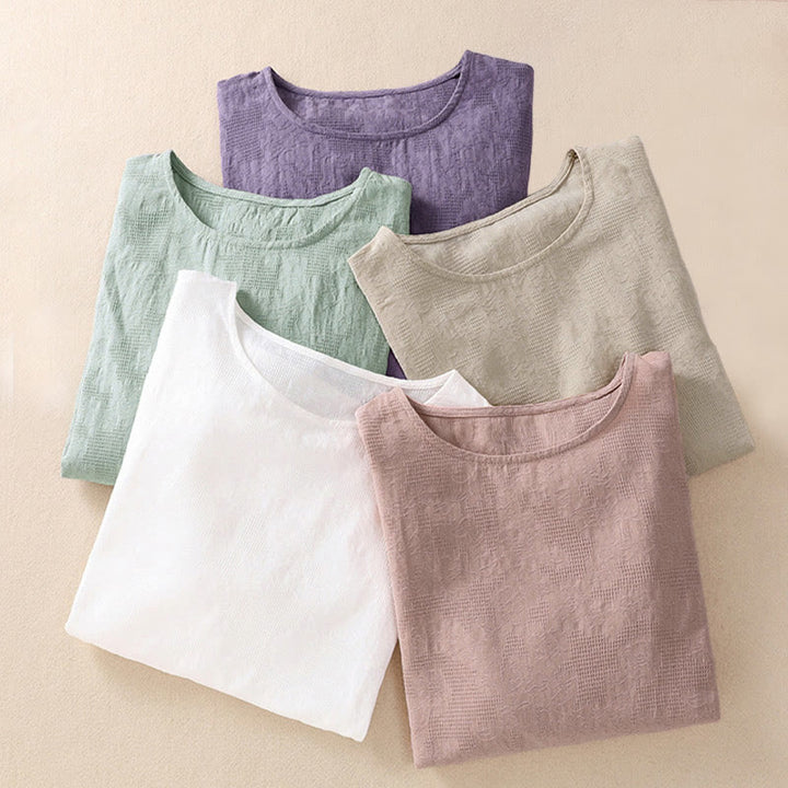 Koszula damska z długim rękawem z bawełny z nadrukiem "Buddha Stones" w nieregularnym dole i plisami - image 41