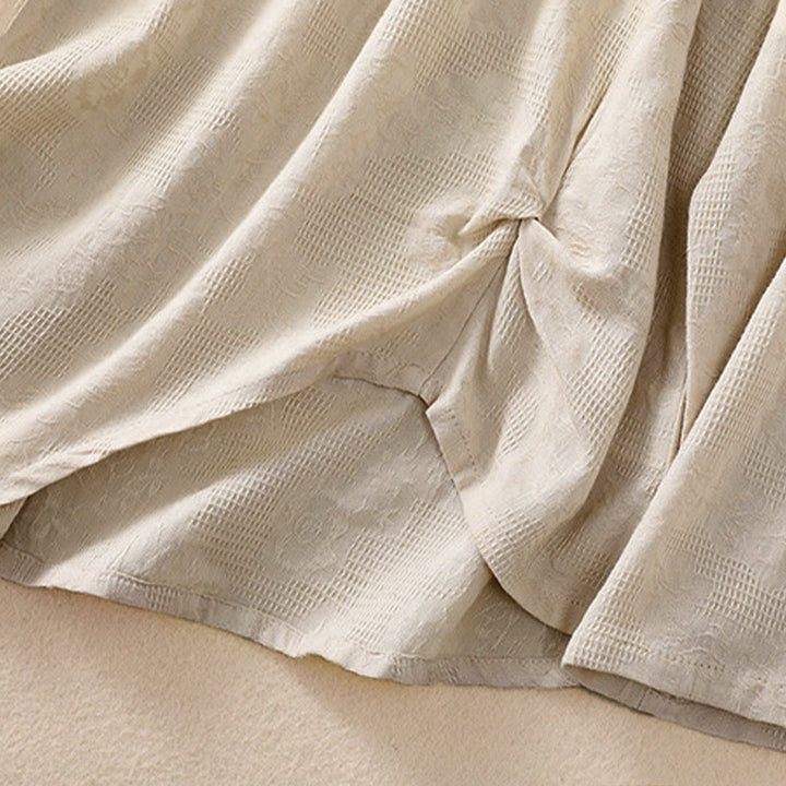 Koszula damska z długim rękawem z bawełny z nadrukiem "Buddha Stones" w nieregularnym dole i plisami - image 30