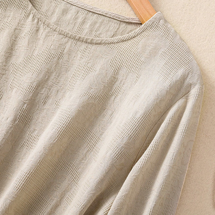 Koszula damska z długim rękawem z bawełny z nadrukiem "Buddha Stones" w nieregularnym dole i plisami - image 29