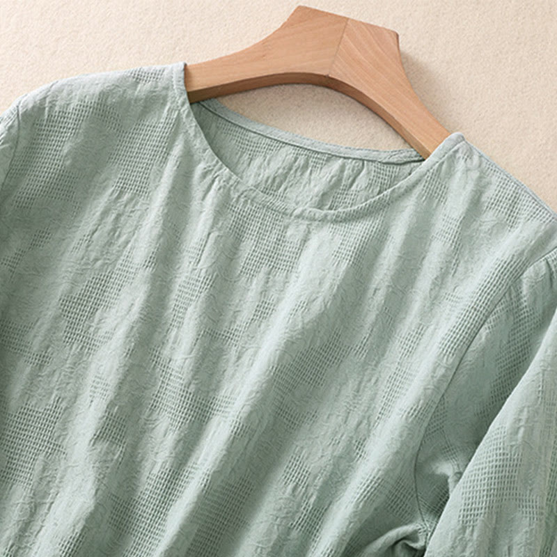 Koszula damska z długim rękawem z bawełny z nadrukiem "Buddha Stones" w nieregularnym dole i plisami - image 35