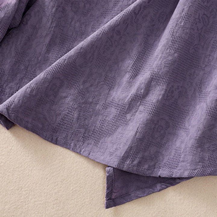 Koszula damska z długim rękawem z bawełny z nadrukiem "Buddha Stones" w nieregularnym dole i plisami - image 7