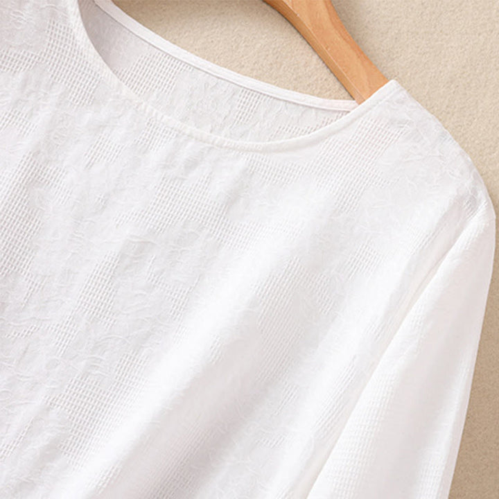 Koszula damska z długim rękawem z bawełny z nadrukiem "Buddha Stones" w nieregularnym dole i plisami - image 12