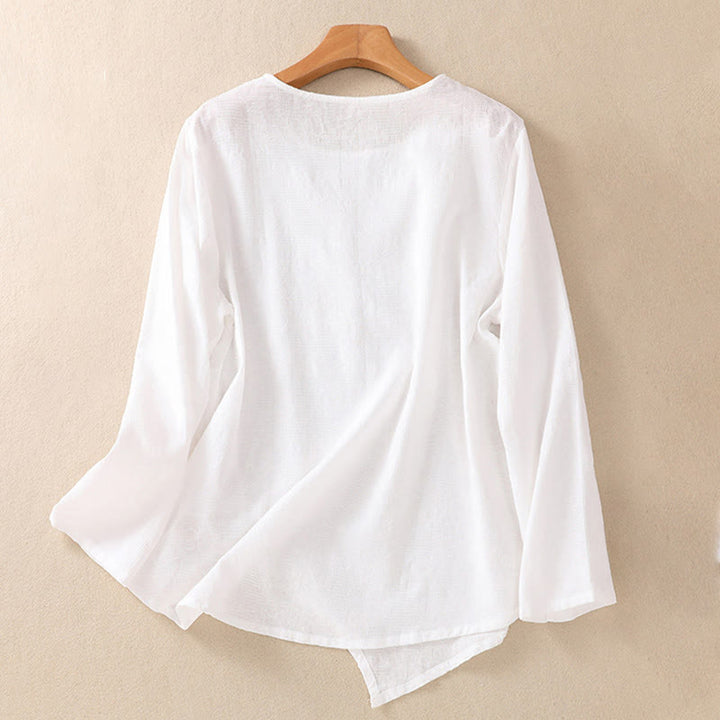 Koszula damska z długim rękawem z bawełny z nadrukiem "Buddha Stones" w nieregularnym dole i plisami - image 9