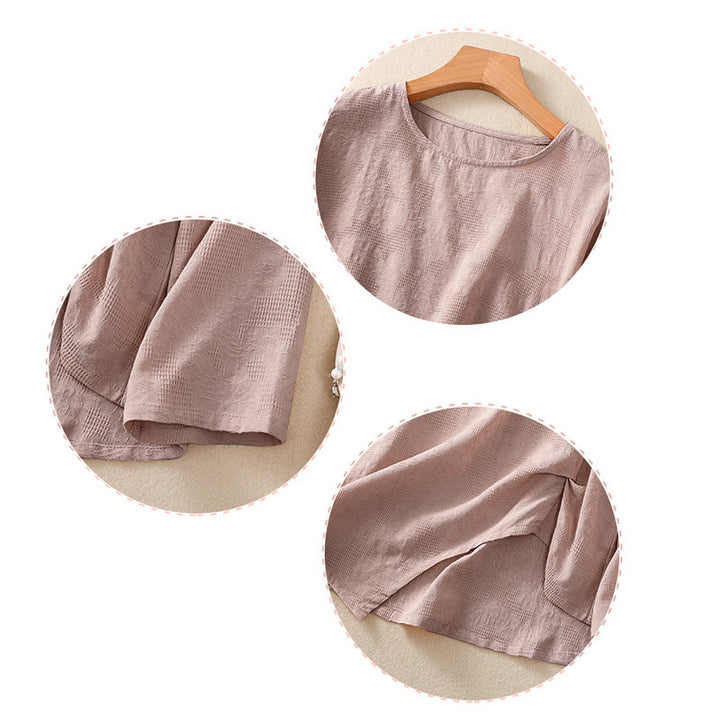 Koszula damska z długim rękawem z bawełny z nadrukiem "Buddha Stones" w nieregularnym dole i plisami - image 24