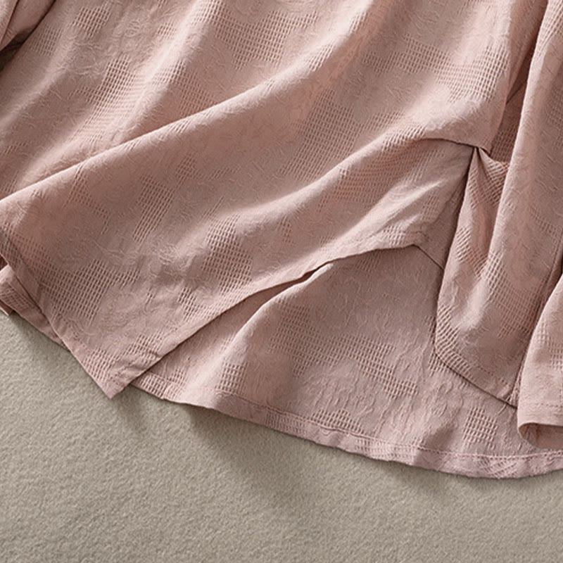 Koszula damska z długim rękawem z bawełny z nadrukiem "Buddha Stones" w nieregularnym dole i plisami - image 21