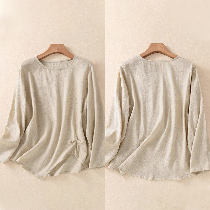 Koszula damska z długim rękawem z bawełny z nadrukiem "Buddha Stones" w nieregularnym dole i plisami - image 32