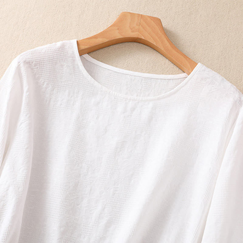 Koszula damska z długim rękawem z bawełny z nadrukiem "Buddha Stones" w nieregularnym dole i plisami - image 10