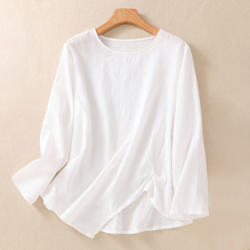 Koszula damska z długim rękawem z bawełny z nadrukiem "Buddha Stones" w nieregularnym dole i plisami - Biały - US8-10，UK/AU12-14，EU40-42 (2XL) - image 8