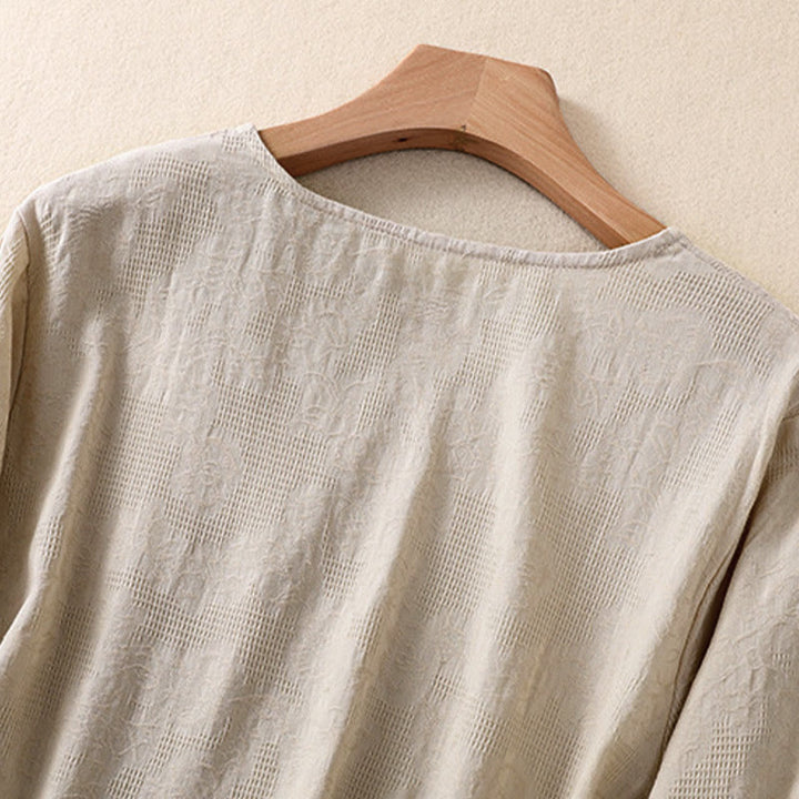 Koszula damska z długim rękawem z bawełny z nadrukiem "Buddha Stones" w nieregularnym dole i plisami - image 28