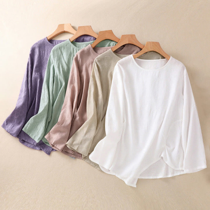 Koszula damska z długim rękawem z bawełny z nadrukiem "Buddha Stones" w nieregularnym dole i plisami - image 40