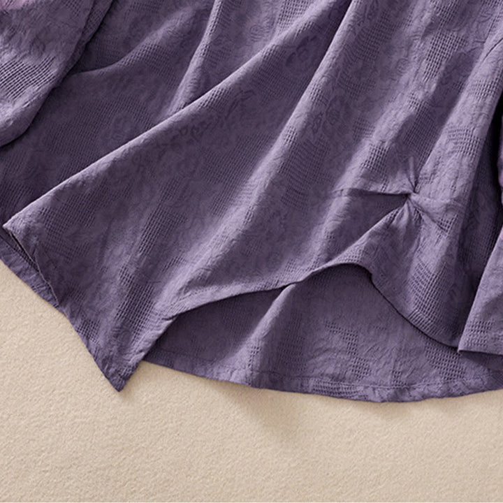 Koszula damska z długim rękawem z bawełny z nadrukiem "Buddha Stones" w nieregularnym dole i plisami - image 5