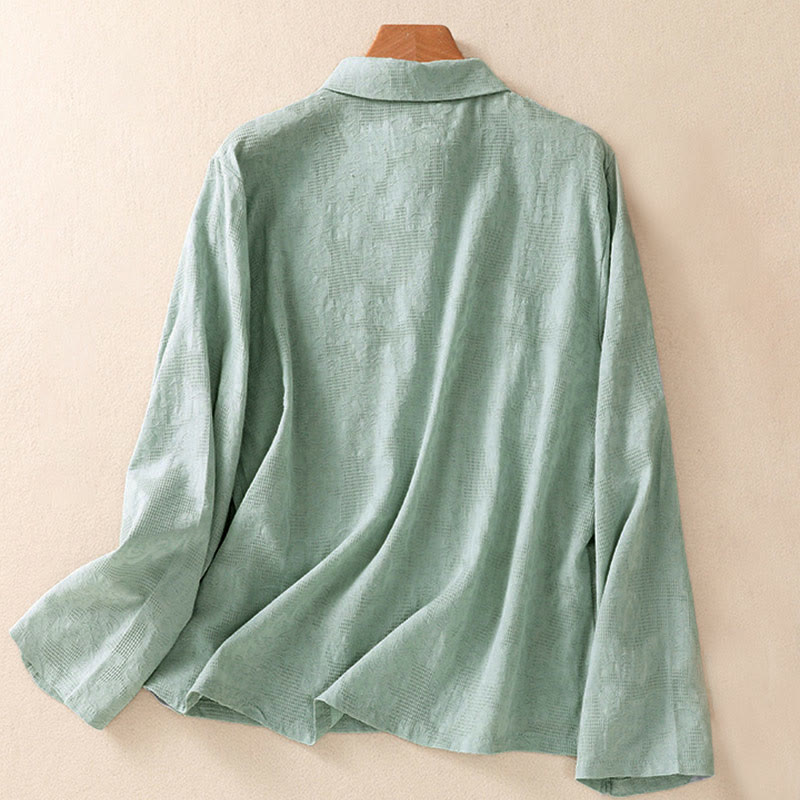 Koszula damska z długim rękawem z bawełny z haftem "Jesienne Buddha Stones" w asymetrycznym wzorze i żabą zapinaną na guziki - image 1