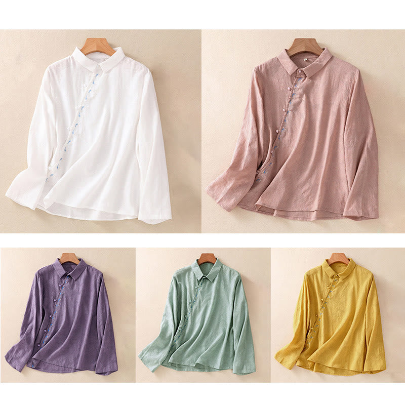 Koszula damska z długim rękawem z bawełny z haftem "Jesienne Buddha Stones" w asymetrycznym wzorze i żabą zapinaną na guziki - image 39