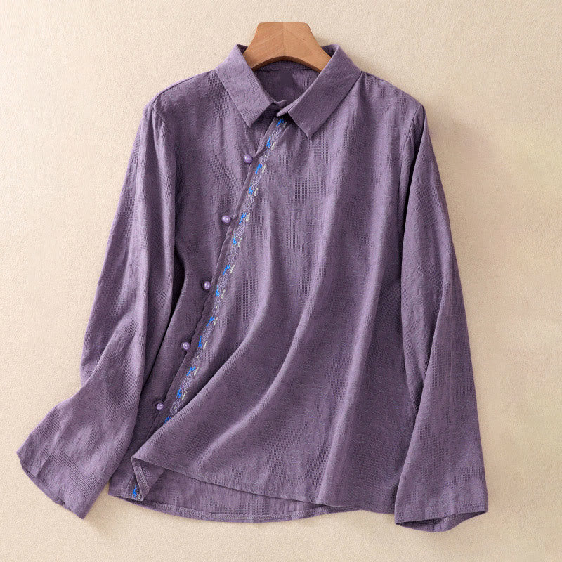 Koszula damska z długim rękawem z bawełny z haftem "Jesienne Buddha Stones" w asymetrycznym wzorze i żabą zapinaną na guziki - CiemnaOrchidea - US8-10，UK/AU12-14，EU40-42 (2XL) - image 31