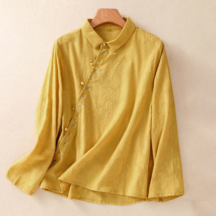 Koszula damska z długim rękawem z bawełny z haftem "Jesienne Buddha Stones" w asymetrycznym wzorze i żabą zapinaną na guziki - Złoto - US8-10，UK/AU12-14，EU40-42 (2XL) - image 24