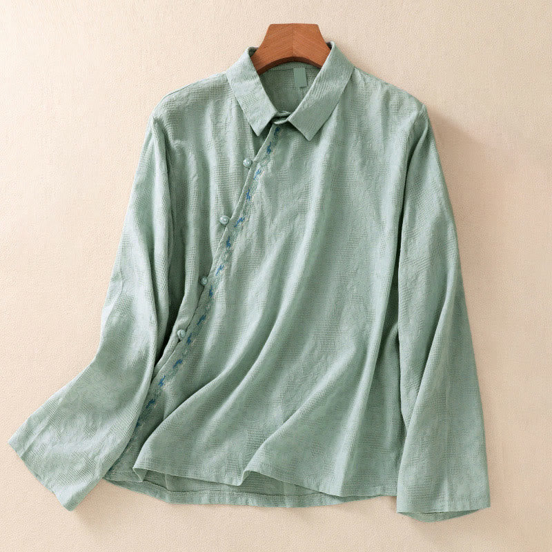 Koszula damska z długim rękawem z bawełny z haftem "Jesienne Buddha Stones" w asymetrycznym wzorze i żabą zapinaną na guziki - ŚredniaAkwamaryna - US8-10，UK/AU12-14，EU40-42 (2XL) - image 0