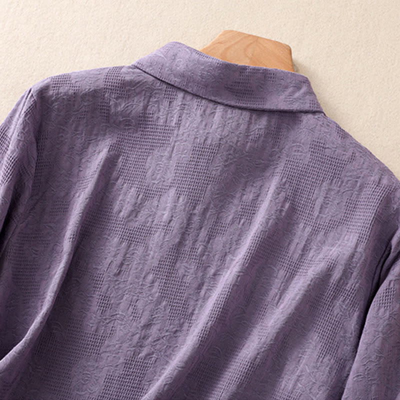 Koszula damska z długim rękawem z bawełny z haftem "Jesienne Buddha Stones" w asymetrycznym wzorze i żabą zapinaną na guziki - image 34