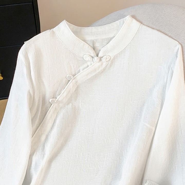 Koszula damska z długim rękawem z bawełny Buddha Stones Commute Jacquard z chińskimi guzikami żabowymi i stójką - image 13