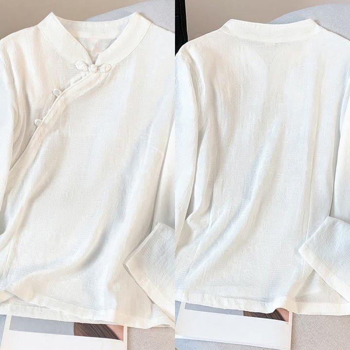 Koszula damska z długim rękawem z bawełny Buddha Stones Commute Jacquard z chińskimi guzikami żabowymi i stójką - image 18