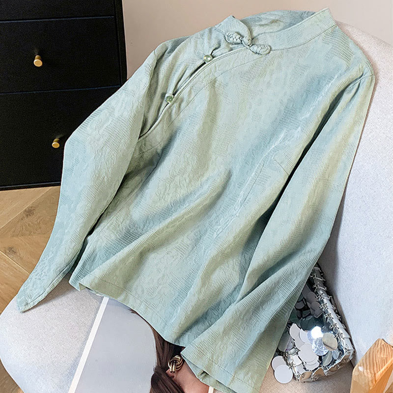 Koszula damska z długim rękawem z bawełny Buddha Stones Commute Jacquard z chińskimi guzikami żabowymi i stójką - image 2