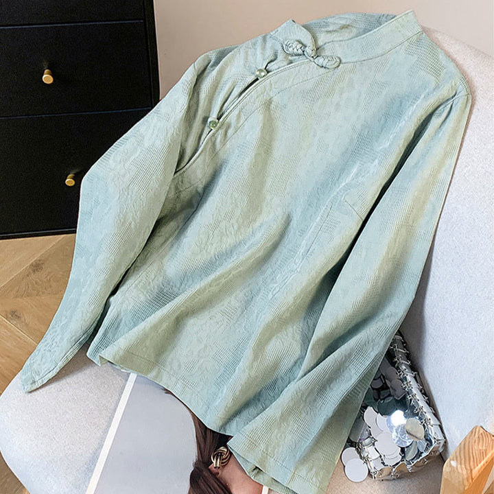 Koszula damska z długim rękawem z bawełny Buddha Stones Commute Jacquard z chińskimi guzikami żabowymi i stójką - image 2