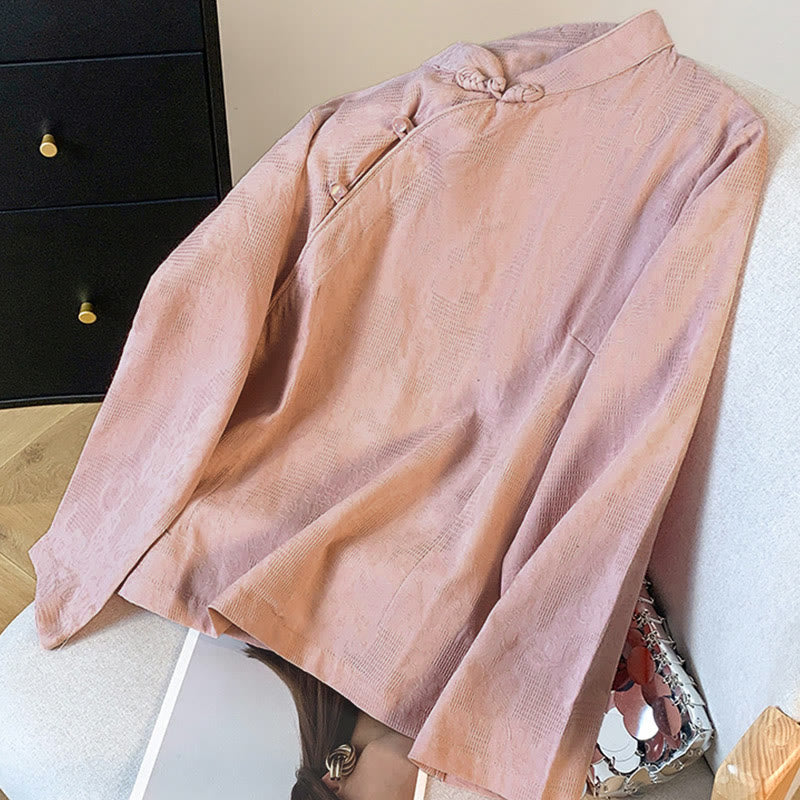 Koszula damska z długim rękawem z bawełny Buddha Stones Commute Jacquard z chińskimi guzikami żabowymi i stójką - image 22