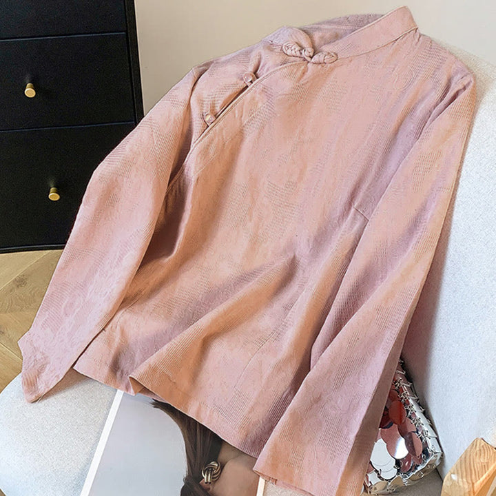 Koszula damska z długim rękawem z bawełny Buddha Stones Commute Jacquard z chińskimi guzikami żabowymi i stójką - image 22