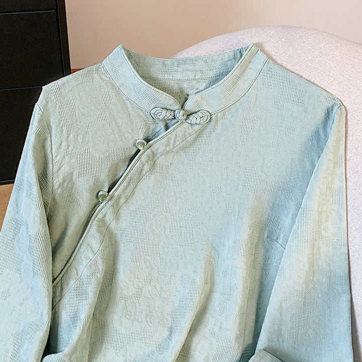 Koszula damska z długim rękawem z bawełny Buddha Stones Commute Jacquard z chińskimi guzikami żabowymi i stójką - image 3