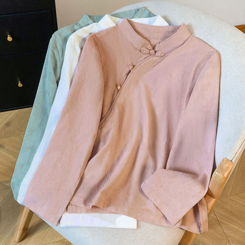 Koszula damska z długim rękawem z bawełny Buddha Stones Commute Jacquard z chińskimi guzikami żabowymi i stójką - image 29