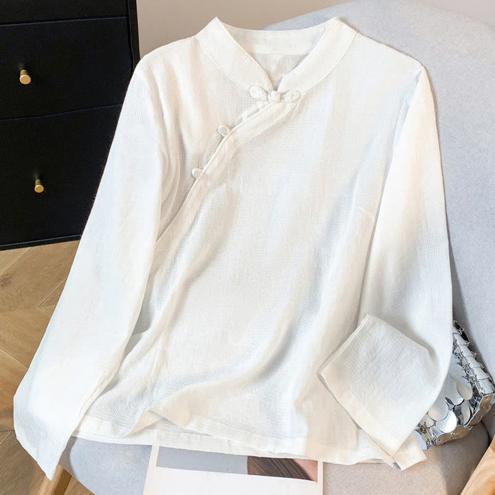 Koszula damska z długim rękawem z bawełny Buddha Stones Commute Jacquard z chińskimi guzikami żabowymi i stójką - Biały - US8-10，UK/AU12-14，EU40-42 (2XL) - image 10