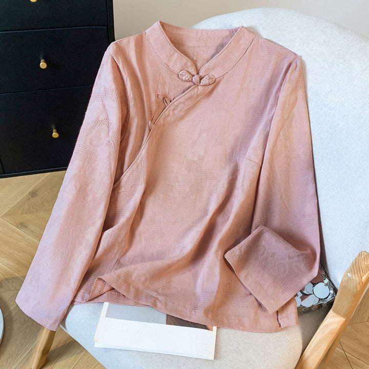 Koszula damska z długim rękawem z bawełny Buddha Stones Commute Jacquard z chińskimi guzikami żabowymi i stójką - DarkSalmon - US8-10，UK/AU12-14，EU40-42 (2XL) - image 20