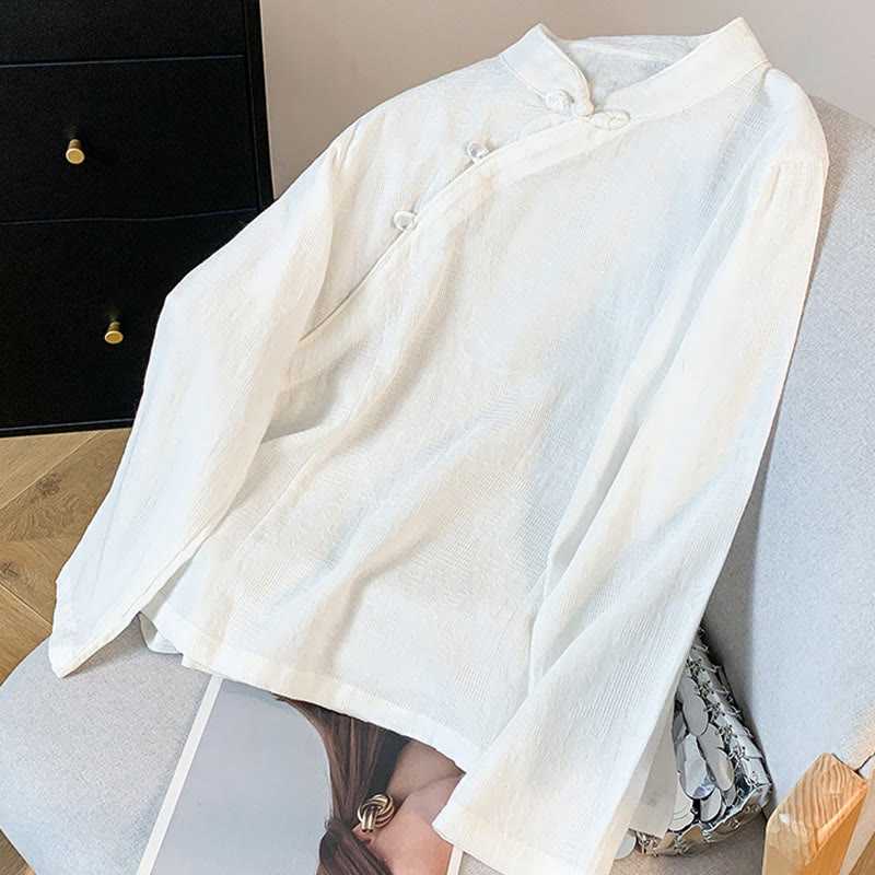 Koszula damska z długim rękawem z bawełny Buddha Stones Commute Jacquard z chińskimi guzikami żabowymi i stójką - image 12