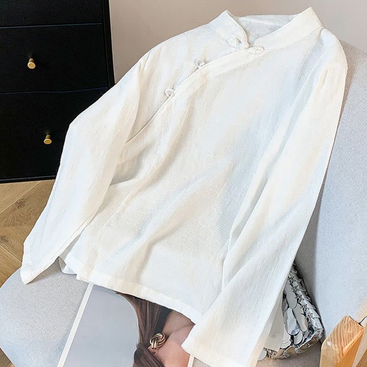 Koszula damska z długim rękawem z bawełny Buddha Stones Commute Jacquard z chińskimi guzikami żabowymi i stójką - image 12