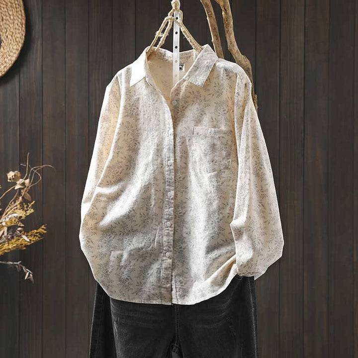 Koszula damska z długim rękawem z bawełny z nadrukiem w kwiaty i guzikami w kształcie Buddha Stones - OldLace - US6, UK/AU10, EU38 (L) - image 0