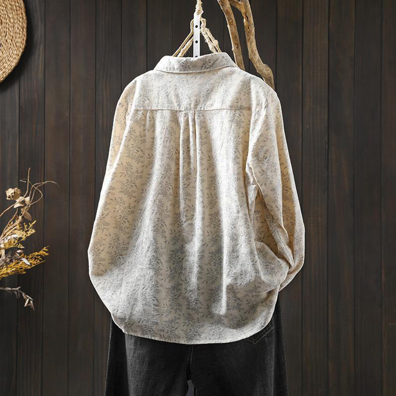 Koszula damska z długim rękawem z bawełny z nadrukiem w kwiaty i guzikami w kształcie Buddha Stones - image 2