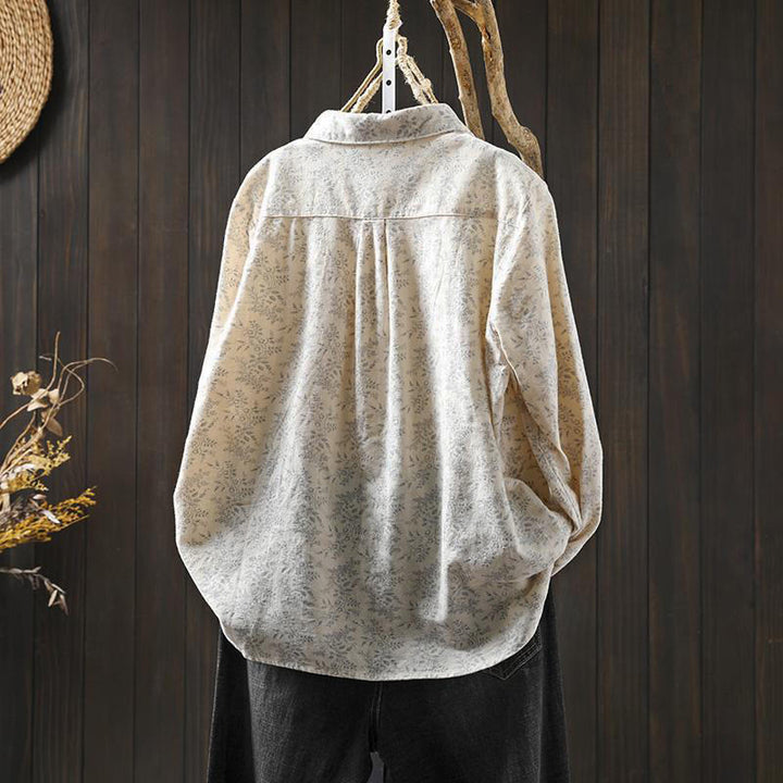 Koszula damska z długim rękawem z bawełny z nadrukiem w kwiaty i guzikami w kształcie Buddha Stones - image 2