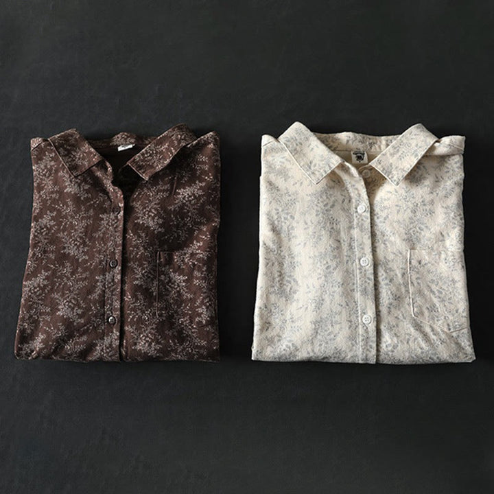 Koszula damska z długim rękawem z bawełny z nadrukiem w kwiaty i guzikami w kształcie Buddha Stones - image 12