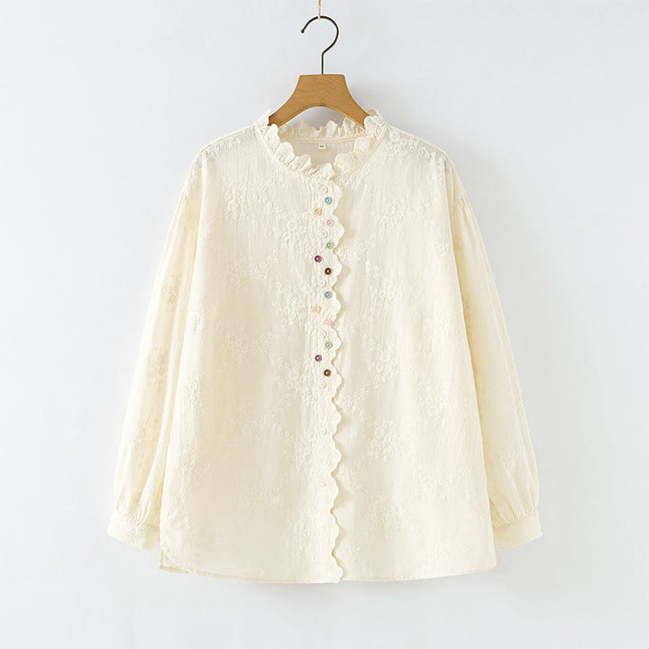 Koszula damska z długim rękawem z bawełny z haftowanymi kwiatami i falbaną na kołnierzyku z motywem Buddha Stones - OldLace - US6, UK/AU10, EU38 (L) - image 0