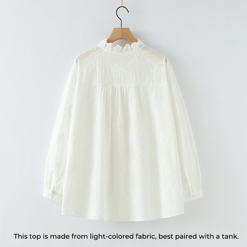 Koszula damska z długim rękawem z bawełny z haftowanymi kwiatami i falbaną na kołnierzyku z motywem Buddha Stones - image 3