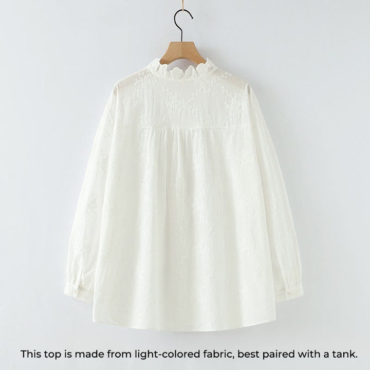 Koszula damska z długim rękawem z bawełny z haftowanymi kwiatami i falbaną na kołnierzyku z motywem Buddha Stones - image 3