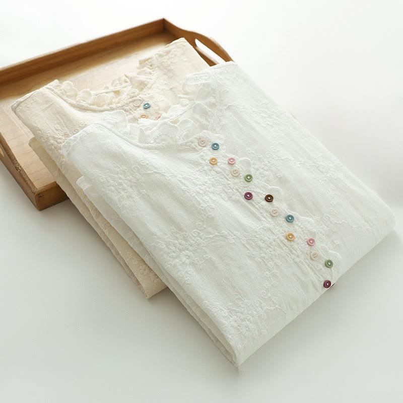 Koszula damska z długim rękawem z bawełny z haftowanymi kwiatami i falbaną na kołnierzyku z motywem Buddha Stones - image 14