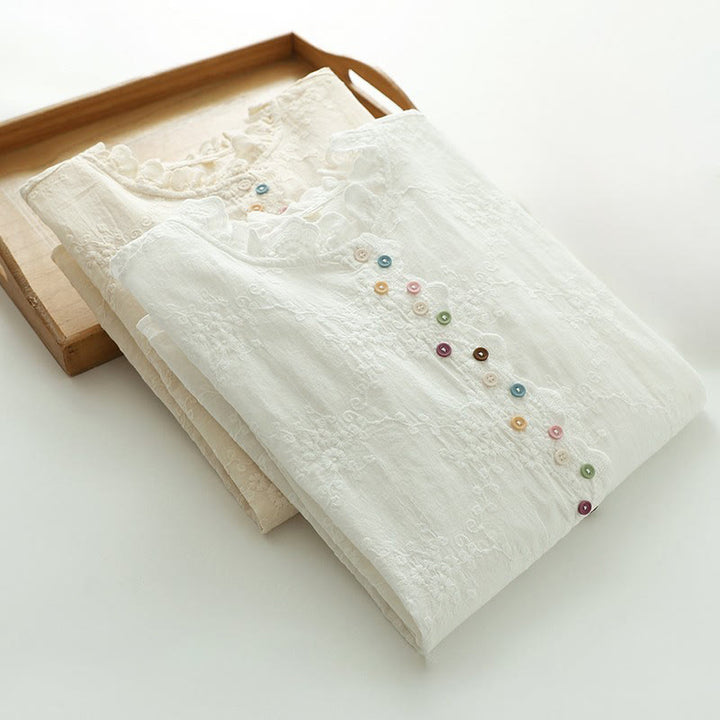 Koszula damska z długim rękawem z bawełny z haftowanymi kwiatami i falbaną na kołnierzyku z motywem Buddha Stones - image 14