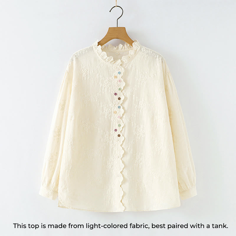 Koszula damska z długim rękawem z bawełny z haftowanymi kwiatami i falbaną na kołnierzyku z motywem Buddha Stones - image 1