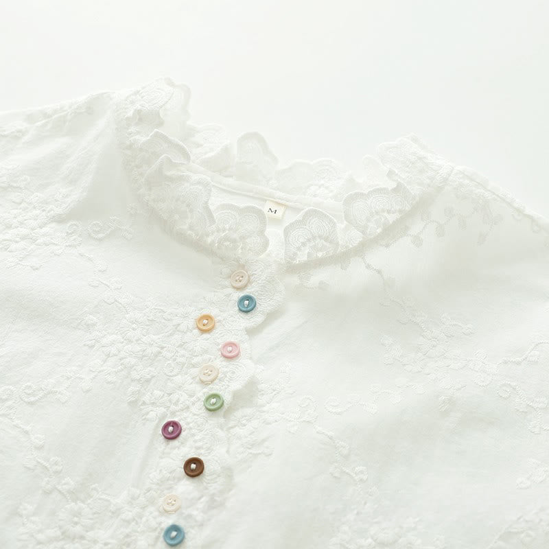 Koszula damska z długim rękawem z bawełny z haftowanymi kwiatami i falbaną na kołnierzyku z motywem Buddha Stones - image 5