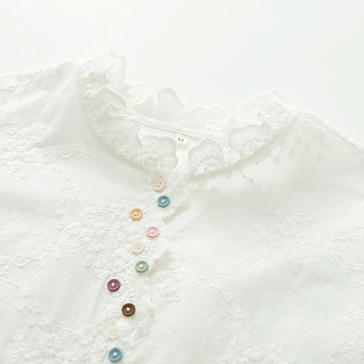 Koszula damska z długim rękawem z bawełny z haftowanymi kwiatami i falbaną na kołnierzyku z motywem Buddha Stones - image 5