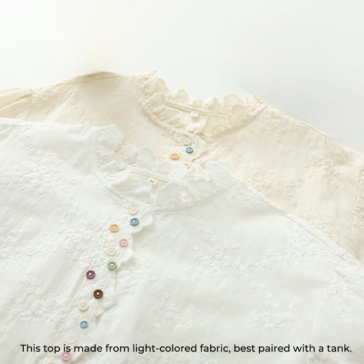 Koszula damska z długim rękawem z bawełny z haftowanymi kwiatami i falbaną na kołnierzyku z motywem Buddha Stones - image 4