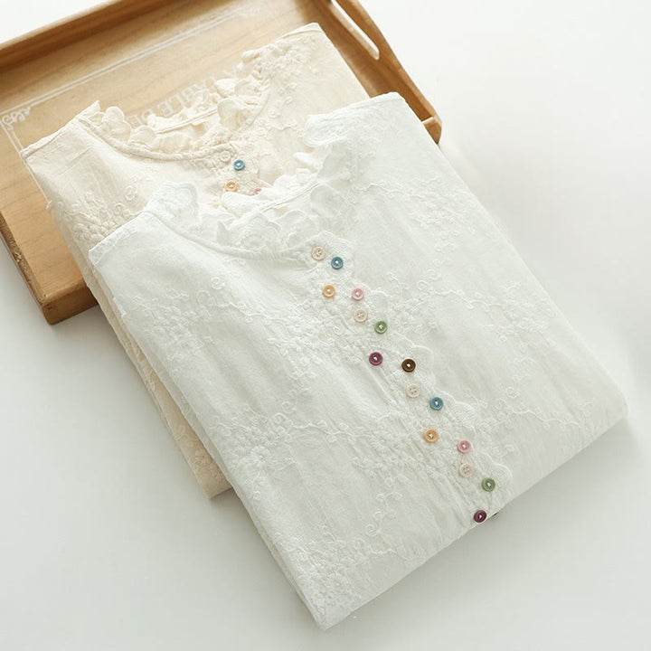 Koszula damska z długim rękawem z bawełny z haftowanymi kwiatami i falbaną na kołnierzyku z motywem Buddha Stones - image 13