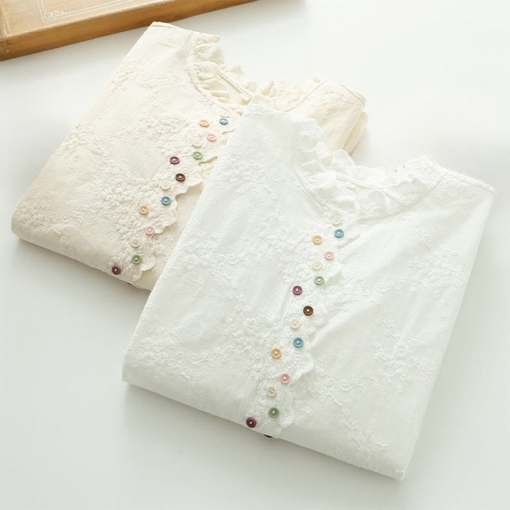 Koszula damska z długim rękawem z bawełny z haftowanymi kwiatami i falbaną na kołnierzyku z motywem Buddha Stones - image 12